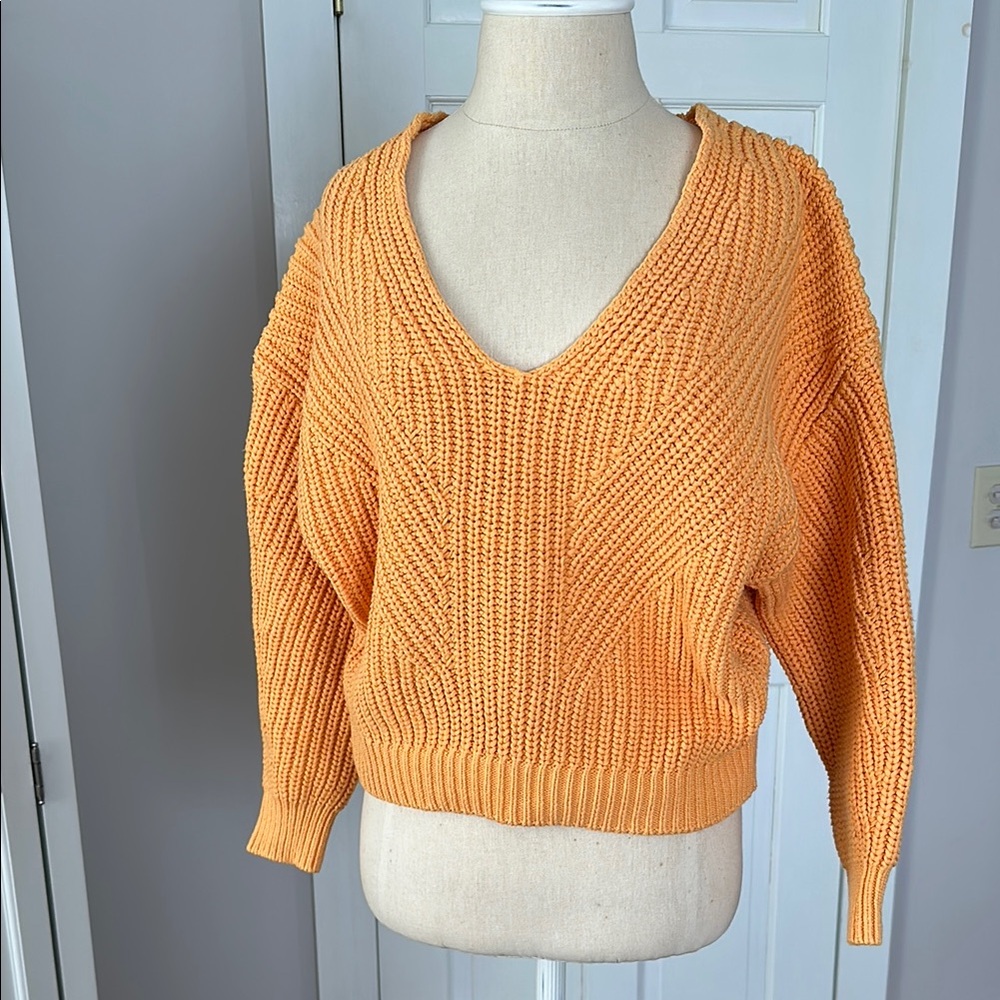 Anthropologie Vibrant Orange Cropped V-Neck Sweater